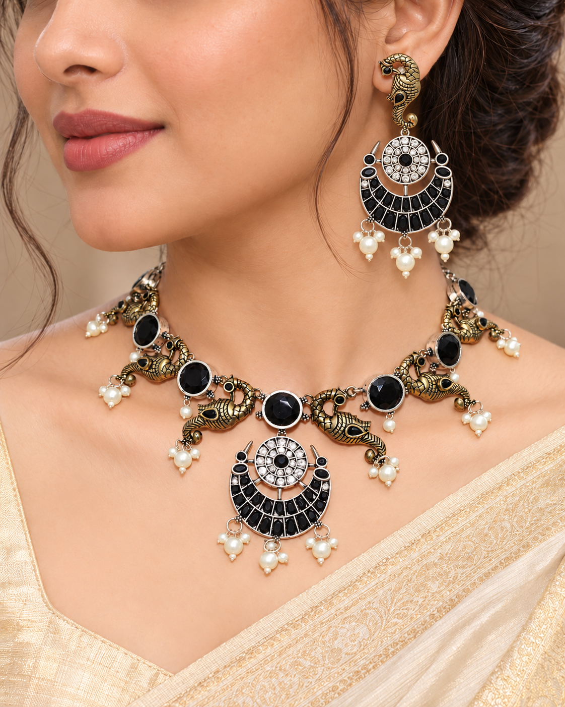 Dual-Tone Mayura Chand Necklace-Black — AI-styled model view; proportions referenced to original product photographs