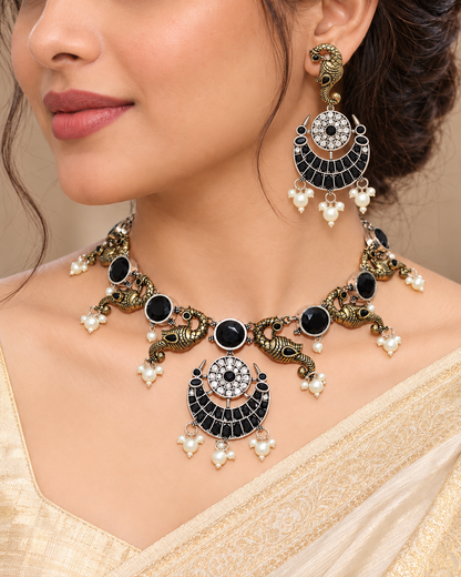 Dual-Tone Mayura Chand Necklace-Black — AI-styled model view; proportions referenced to original product photographs