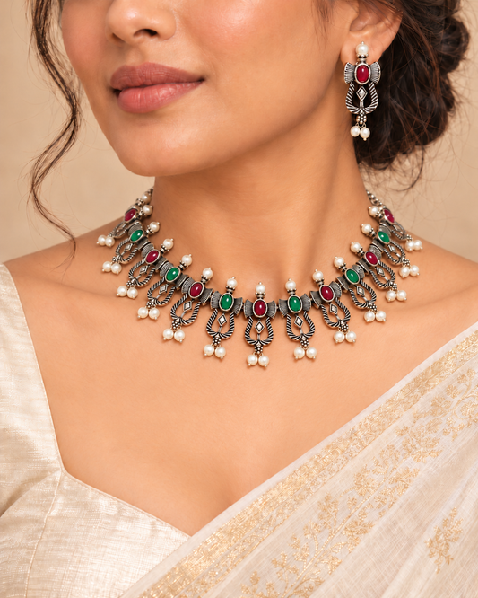 Temple Design Navrang Necklace Set-Maroon & Green — AI-styled model view; proportions referenced to original product photographs