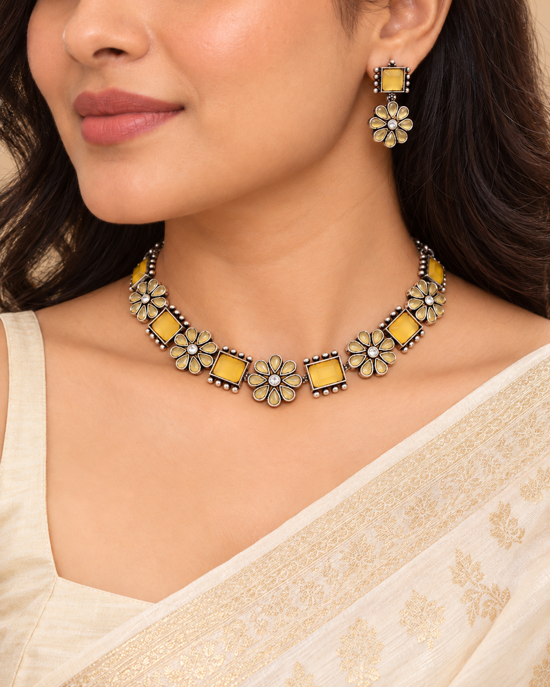 Nargis Flower Stone Necklace Set-Yellow — AI-styled model view; proportions referenced to original product photographs