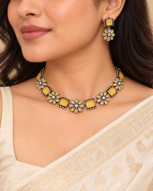 Nargis Flower Stone Necklace Set-Yellow — AI-styled model view; proportions referenced to original product photographs