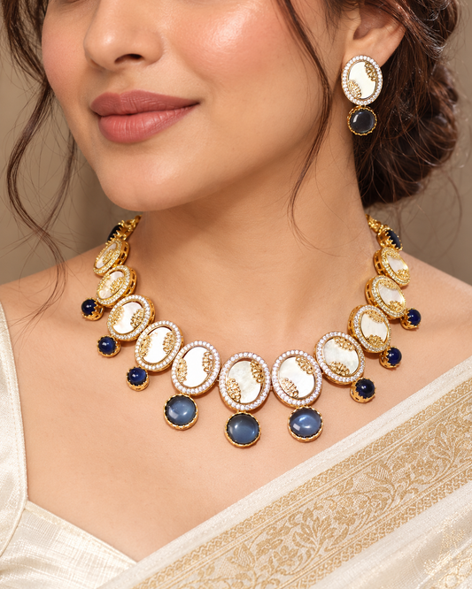 Gulmohar-Mother Of Pearl Stone Necklace Set-Blue — AI-styled model view; proportions referenced to original product photographs