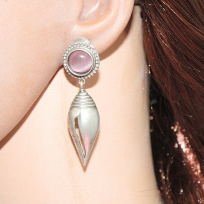 MONALISA STONE SHANKH DROPS EARRINGS-PINK