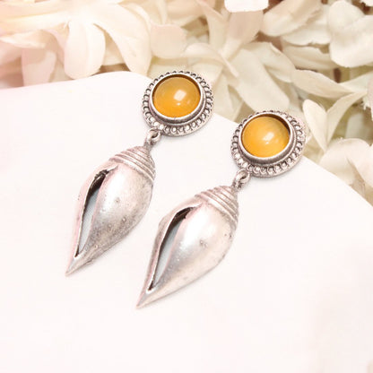 MONALISA STONE SHANKH DROPS EARRINGS-YELLOW