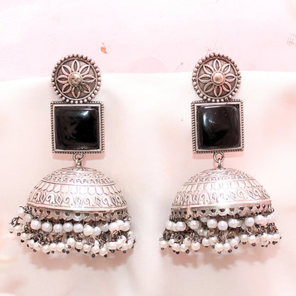 MONALISA STONE SILVER LOOK ALIKE BIG JHUMKA - BLACK