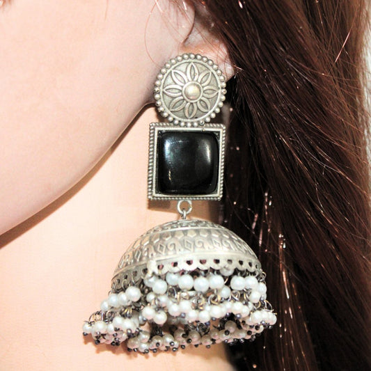 MONALISA STONE SILVER LOOK ALIKE BIG JHUMKA - BLACK