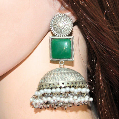 MONALISA STONE SILVER LOOK ALIKE BIG JHUMKA-GREEN