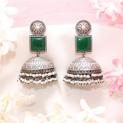 MONALISA STONE SILVER LOOK ALIKE BIG JHUMKA - GREEN