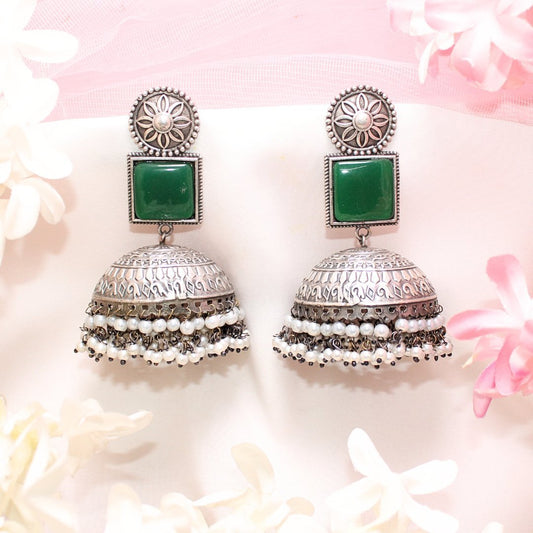 MONALISA STONE SILVER LOOK ALIKE BIG JHUMKA - GREEN