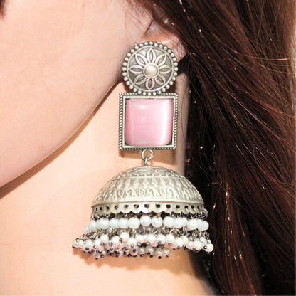 MONALISA STONE SILVER LOOK ALIKE BIG JHUMKA - PINK