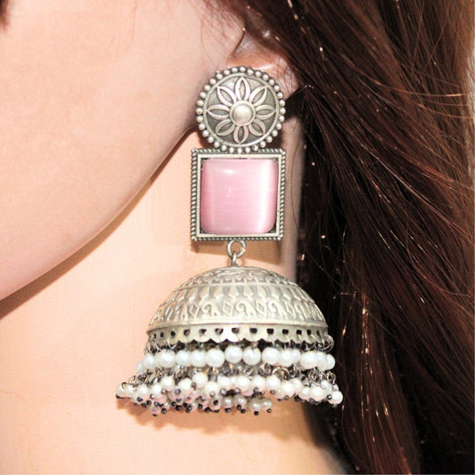 MONALISA STONE SILVER LOOK ALIKE BIG JHUMKA - PINK
