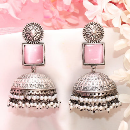 MONALISA STONE SILVER LOOK ALIKE BIG JHUMKA - PINK