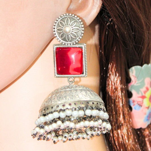 MONALISA STONE SILVER LOOK ALIKE BIG JHUMKA - RED