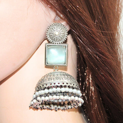 MONALISA STONE SILVER LOOK ALIKE BIG JHUMKA - SKY BLUE