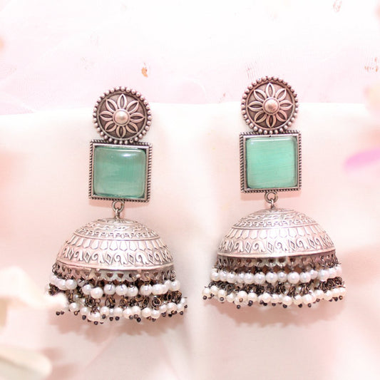 MONALISA STONE SILVER LOOK ALIKE BIG JHUMKA - TURQUOISE
