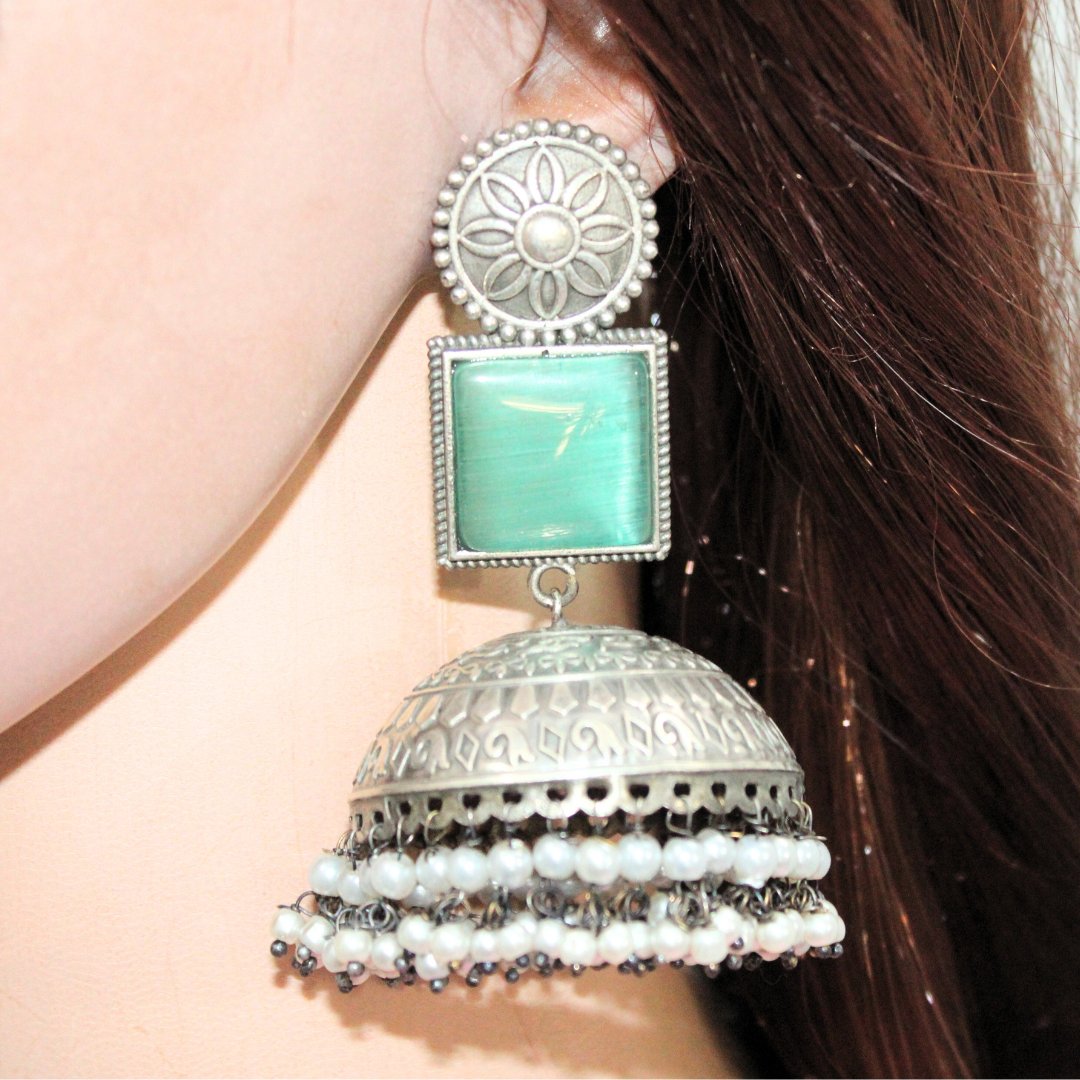 MONALISA STONE SILVER LOOK ALIKE BIG JHUMKA - TURQUOISE