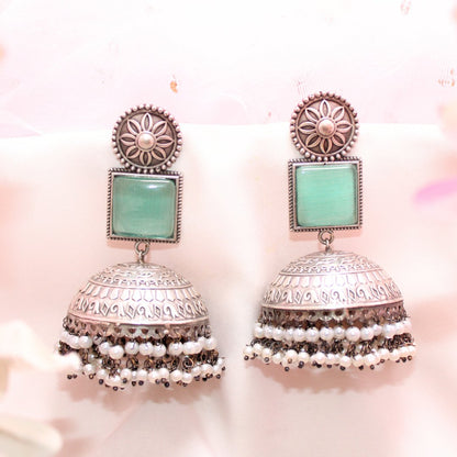MONALISA STONE SILVER LOOK ALIKE BIG JHUMKA - TURQUOISE
