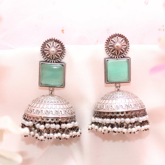 MONALISA STONE SILVER LOOK ALIKE BIG JHUMKA - TURQUOISE
