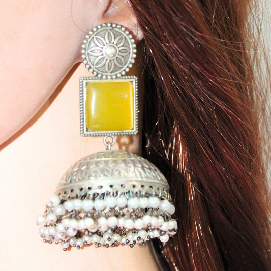 MONALISA STONE SILVER LOOK ALIKE BIG JHUMKA - YELLOW