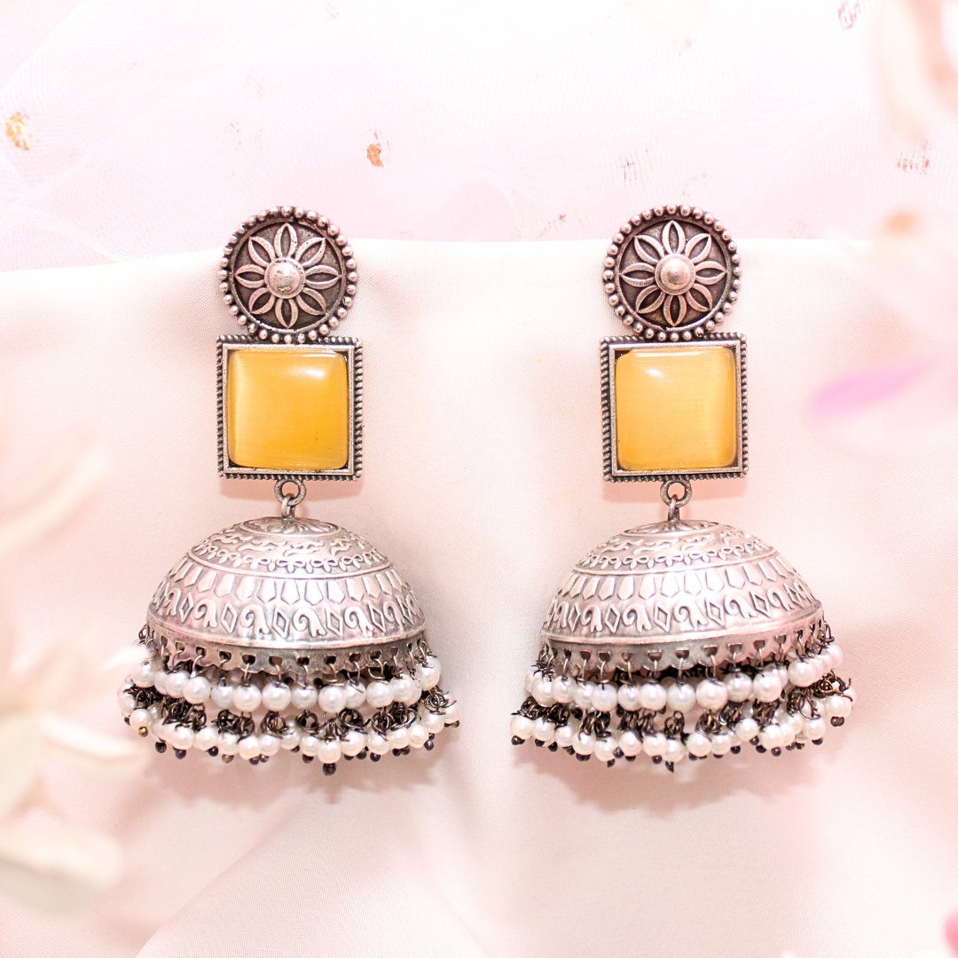 MONALISA STONE SILVER LOOK ALIKE BIG JHUMKA - YELLOW