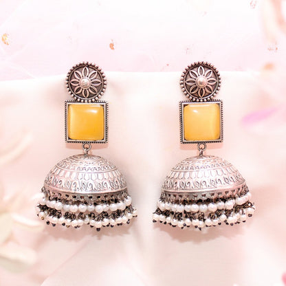 MONALISA STONE SILVER LOOK ALIKE BIG JHUMKA - YELLOW