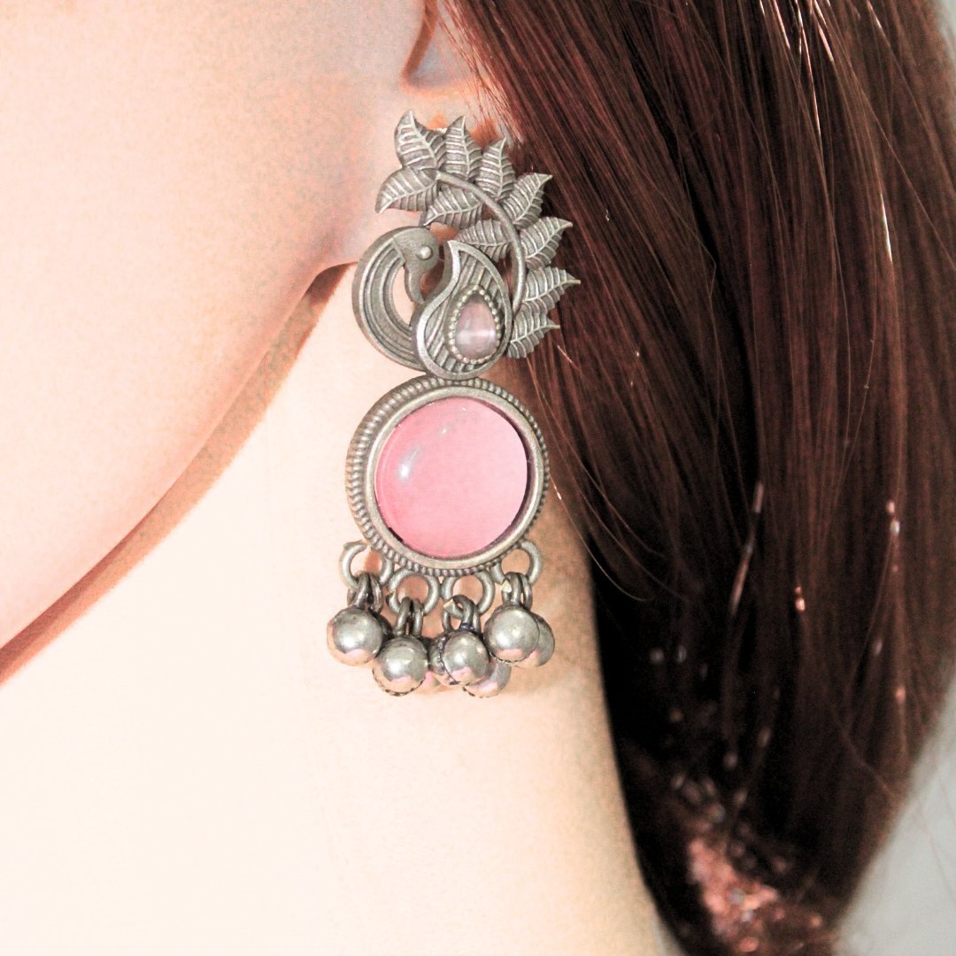 MOR GHUNGROO WITH MONALISA STONE EARRINGS-PINK