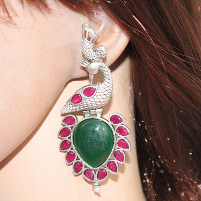 MOR NAGINA SILVER LOOK ALIKE EARRING - GREEN