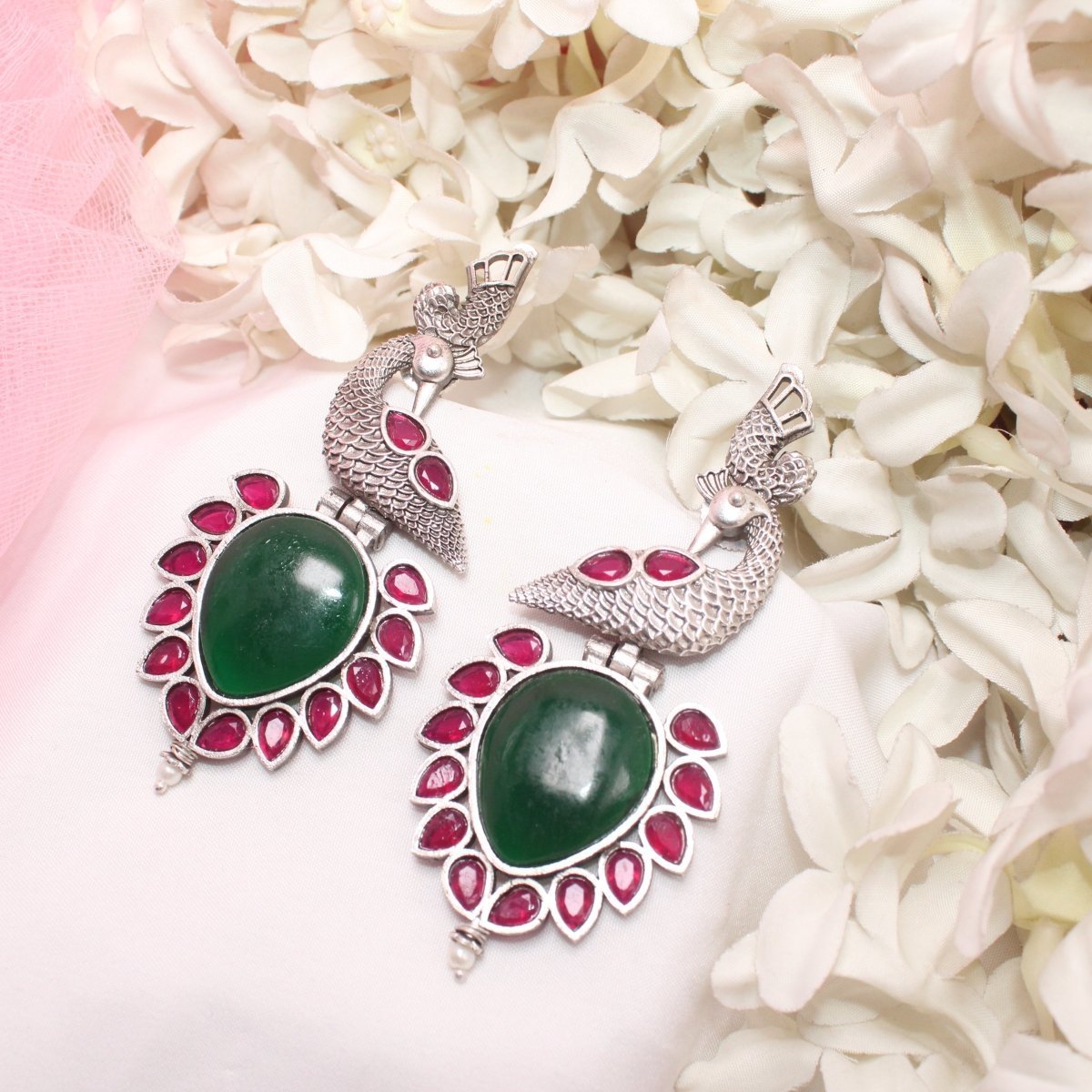 MOR NAGINA SILVER LOOK ALIKE EARRING-GREEN