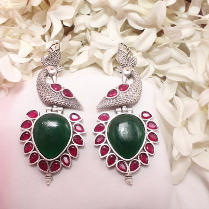 MOR NAGINA SILVER LOOK ALIKE EARRING-GREEN