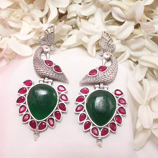 MOR NAGINA SILVER LOOK ALIKE EARRING - GREEN