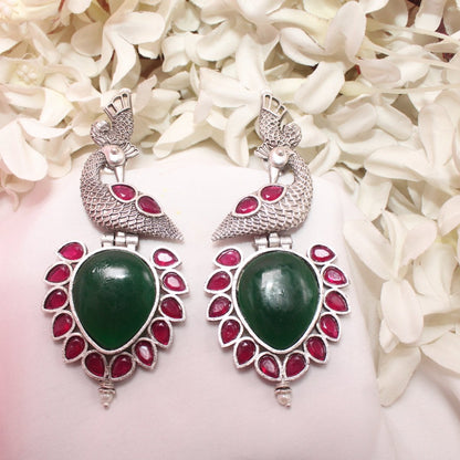 MOR NAGINA SILVER LOOK ALIKE EARRING - GREEN