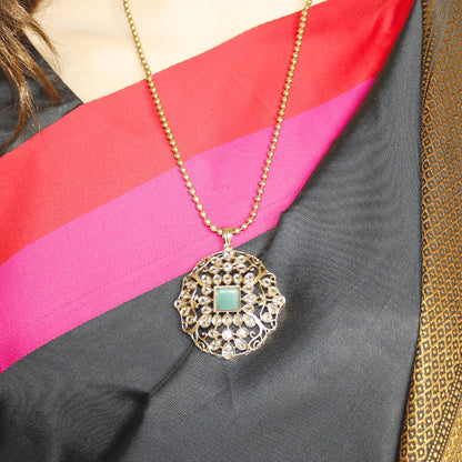 Mughal-Inspired Floral Jadau Pendant Set – Mint  & Moissanite Detaili