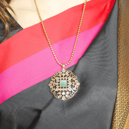 Mughal - Inspired Floral Jadau Pendant Set – Mint & Moissanite Detaili