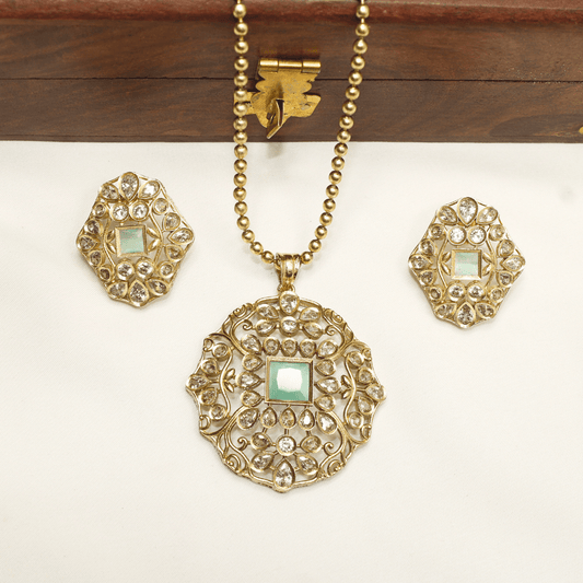 Mughal - Inspired Floral Jadau Pendant Set – Mint & Moissanite Detailing