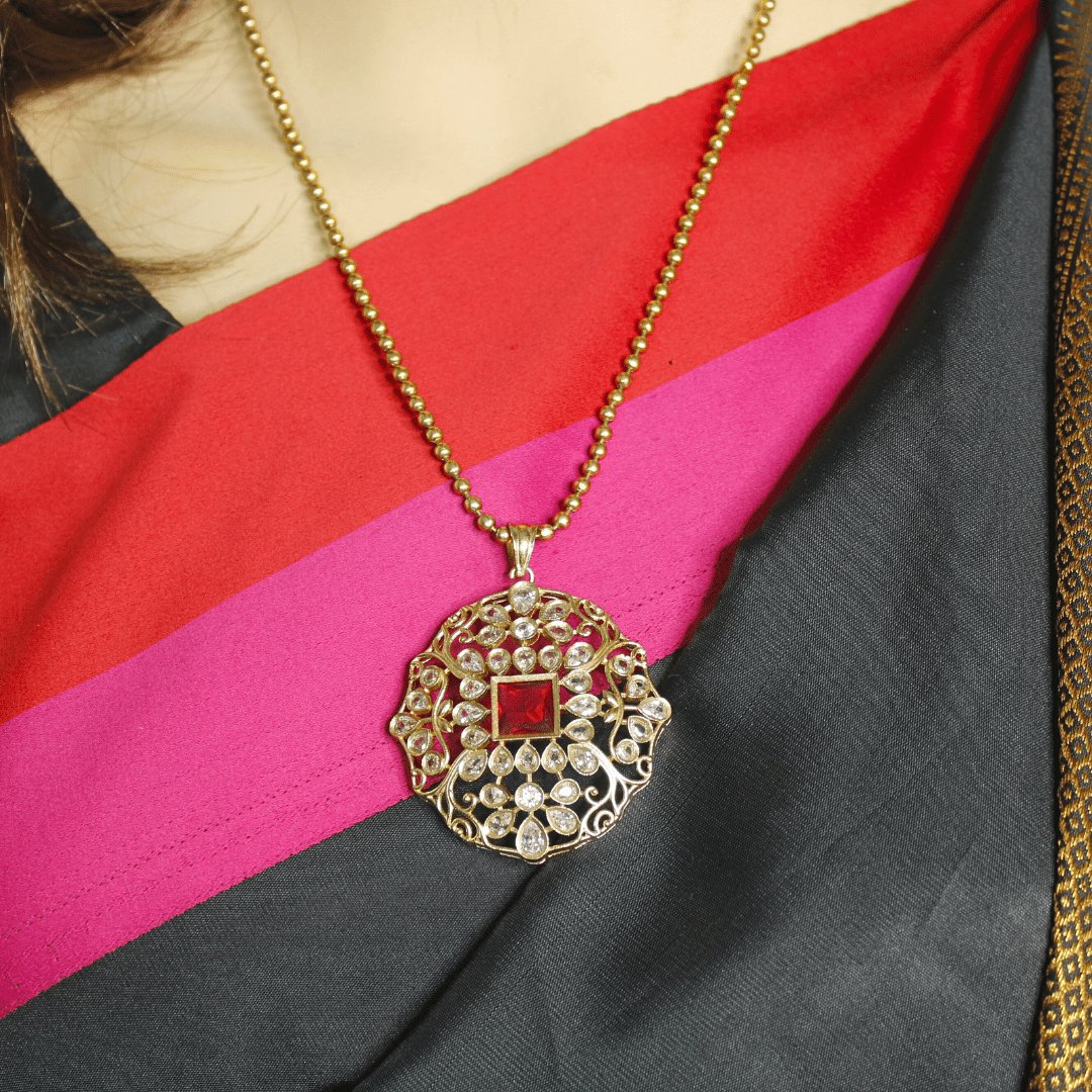 Mughal-Inspired Floral Jadau Pendant Set – Ruby Red & Moissanite Detaili