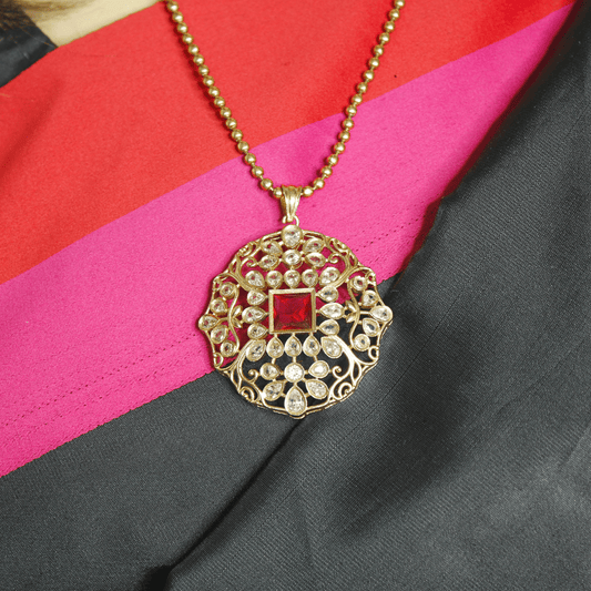 Mughal - Inspired Floral Jadau Pendant Set – Ruby Red & Moissanite Detaili