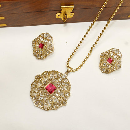 Mughal-Inspired Floral Jadau Pendant Set – Ruby Red & Moissanite Detaili