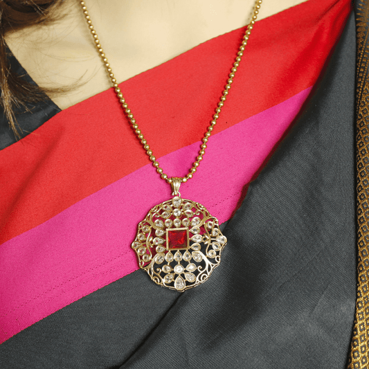 Mughal - Inspired Floral Jadau Pendant Set – Ruby Red & Moissanite Detaili