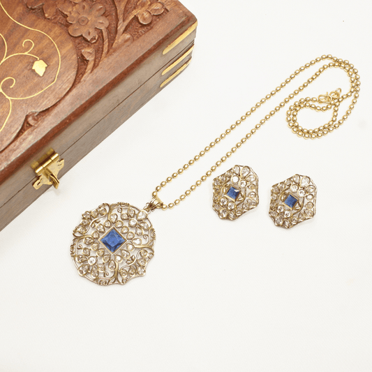 Mughal - Inspired Floral Jadau Pendant Set – Sapphire Blue & Moissanite Detailing