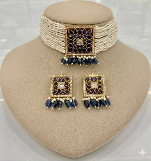 Mughal Jharokha Blue Sapphire Choker Set – Kundan Square Panel with Pearl Dro