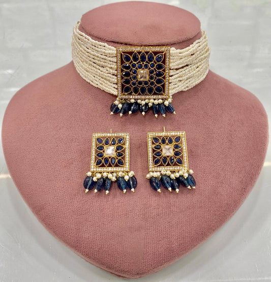 Mughal Jharokha Blue Sapphire Choker Set – Kundan Square Panel with Pearl Dro