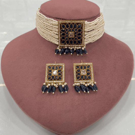 Mughal Jharokha Blue Sapphire Choker Set – Kundan Square Panel with Pearl Dro