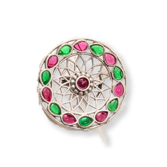 MULTI STONE RING ROUND SHAPE - MAGENTA & GREEN