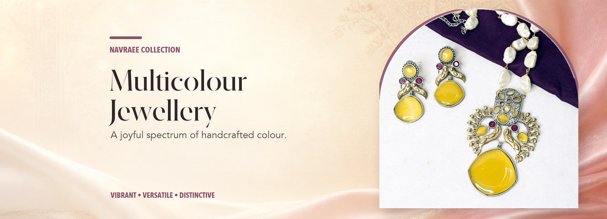 Multicolour Jewellery collection header banner featuring Antique Multicolor Stone Yellow & Pearl Pendant Set - Ethnic Jewelry
