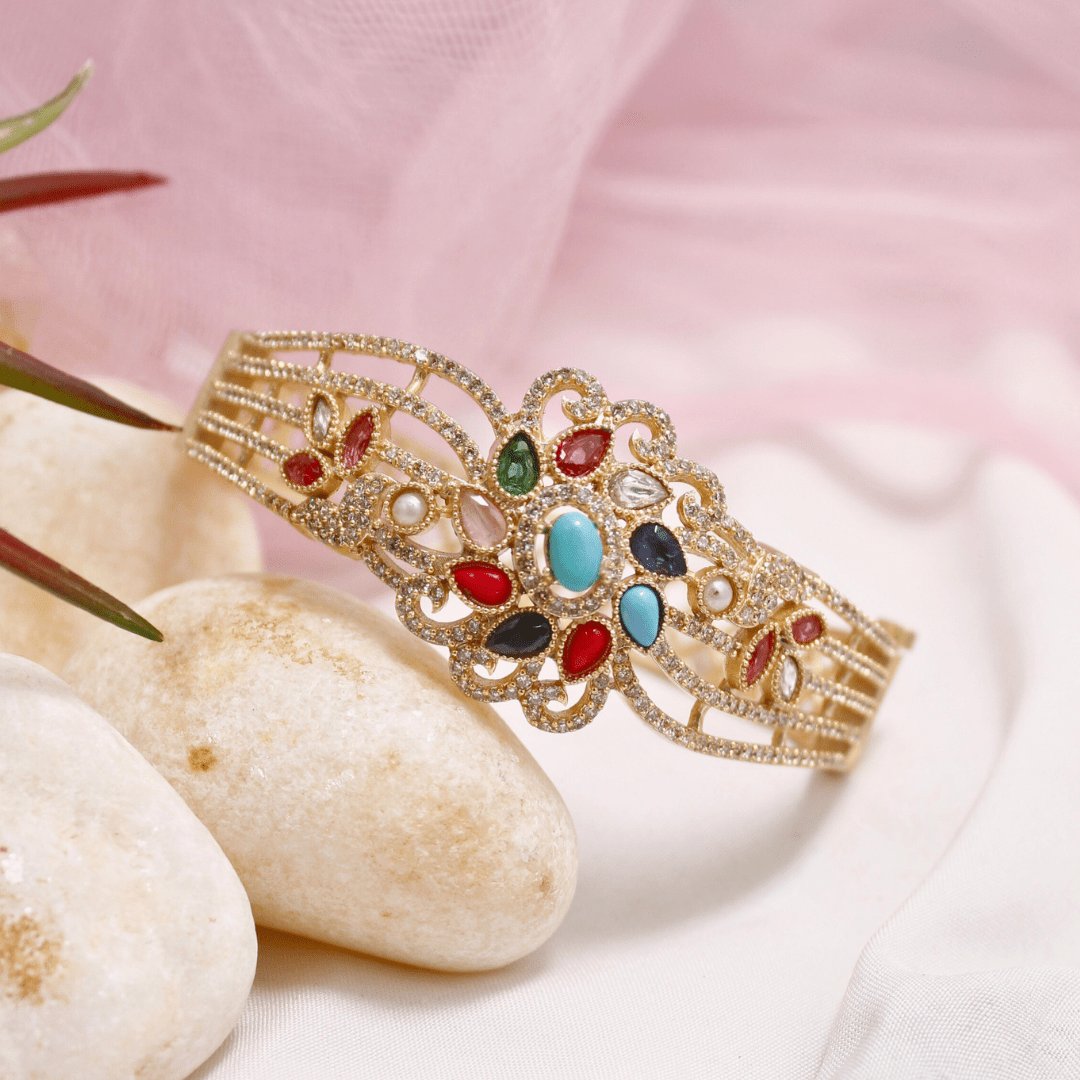 Multicolour Stone Openable AD Kada – Navratna Inspired Gold Bracelet