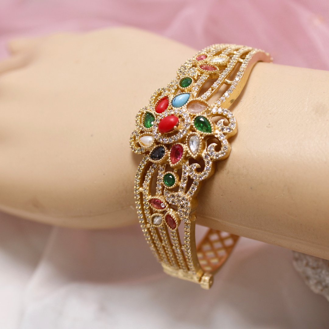 Multicolour Stone Openable AD Kada – Navratna Inspired Gold Bracelet