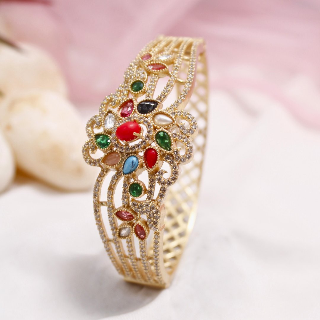 Multicolour Stone Openable AD Kada – Navratna Inspired Gold Bracelet
