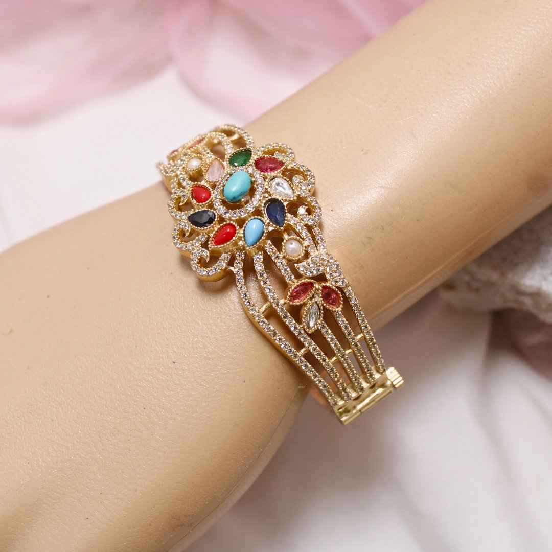 Multicolour Stone Openable AD Kada – Navratna Inspired Gold Bracelet