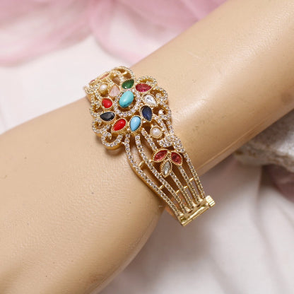 Multicolour Stone Openable AD Kada – Navratna Inspired Gold Bracelet