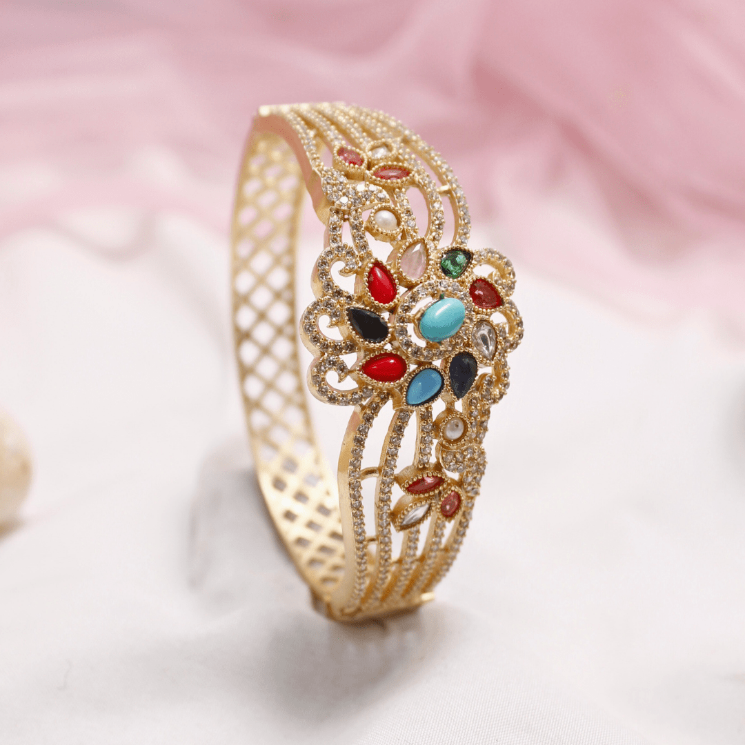 Multicolour Stone Openable AD Kada – Navratna Inspired Gold Bracelet